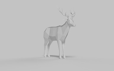 Low poly polygonal animal deer in grey white colour on solid background advertisement ready with free space for text right front isometric camera view 3d rendering image