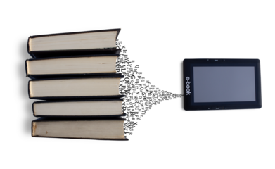 The flow of letters from books to e-book. Paper literature feeds digital technologies. PNG layer.