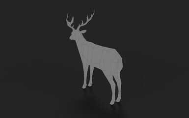 Low poly line cartoon style grey deer stag on black background modern graphic design element 3d rendering image back perspective camera view