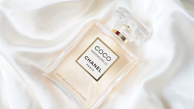 Netanya, Israel - 27 January, 2023 Coco Mademoiselle Chanel Paris worldwide famous French perfume bottle on the white silk background