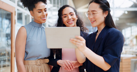 Tablet, collaboration and business women with teamwork marketing strategy and website planning....