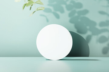 White Cylinder podium with eucalyptus leaves, geometric shadows. Scene to show products. Showcase, display case.