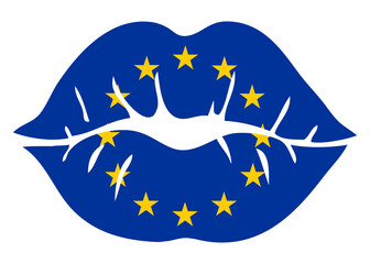 Logo I love European Union. Silueta aislada de labios de mujer con los colores de la bandera de la Unión Europea