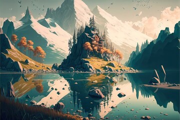 illustration of a landscape, sunset in the mountains, Generative AI