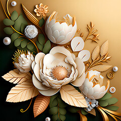 3d wallpaper flowers with white pearls and green leaves on a golden brown background