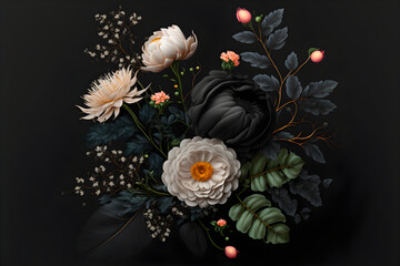 "Beautiful Nature-Inspired Illustration: Black Background with Mixed Flora"
