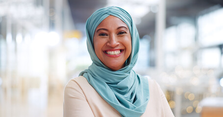 Muslim, business woman and success with face, executive and happy with career, vision with Islamic...