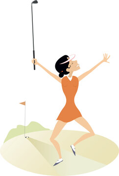 Happy golfer woman on the golf court. 
Smiling golfer woman happy to make a good shot
