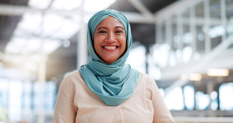 Muslim, business woman and success with face, executive and happy with career, vision with Islamic...