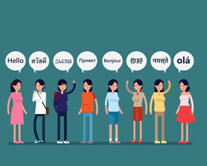 Social people speech bubbles in different languages. Vector illustration communication concept