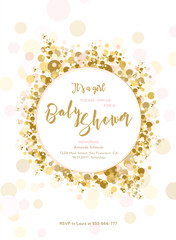 Festive template for holiday designs, card, invitation, party, birthday, wedding, baby shower, bridal shower, save the date, anniversary. Confetti splash, pink, gold.