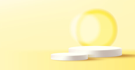Modern white summer empty podium for product promotion.Pedestal on a bright yellow background with backlight, sun.