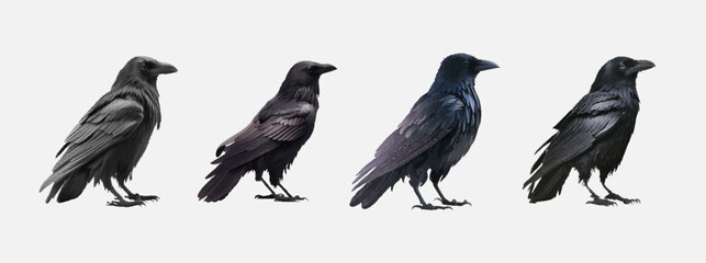 Collection of realistic birds isolated on white background. Four black crows isolated. Raven, crow, rook or jackdaw. Vector illustration.