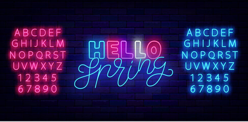 Hello spring neon sign. Glowing lettering. Season evening. Light blue and pink alphabet. Vector illustration