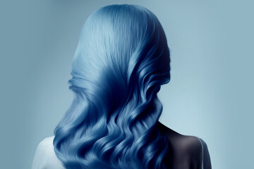 luxurious long blue female hair from the back on pastel background