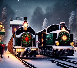 Christmas Train Going Through Village, Generative AI Illustration