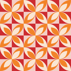 Mid Century modern orange geometric leaves seamless pattern on red and white squares. For retro posters, home decor and textile 