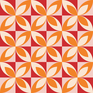 Mid Century modern orange geometric leaves seamless pattern on red and white squares. For retro posters, home decor and textile © yasminepatterns