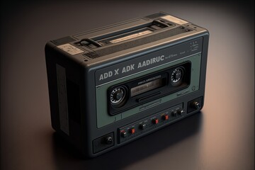 Obraz premium Audio cassette player, player, tape, record, retro, vintage, detail, high resolution, equalizer, singer, performer, bass, music genre, disco, party, leisure, old-fashioned, boombox. AI