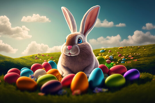 Easter bunny rabbit among many colorful eggs. Cartoon style digital artwork. Happy Easte. Ai Generative