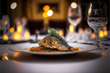 A fancy fish dish in a luxury restaurant. Generative ai.