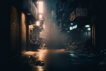 futuristic cyberpunk streets and buildings with light and fog illustration background created with a  Generative AI technology	