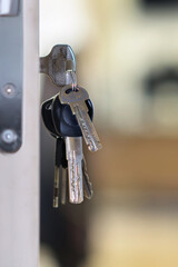 The bunch of keys with keyring in the door keyhole with blurred background, selective focus