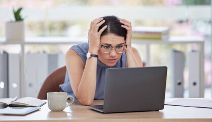 Stress, anxiety and woman with glitch on laptop in office frustrated, worry and confused from 404...