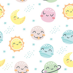 Seamless vector pattern. Children's pattern for printing on products. Cute planets with smiling faces. 