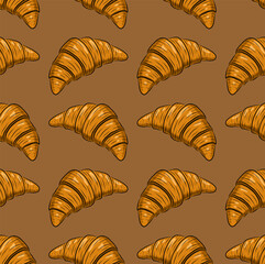 BEIGE SEAMLESS VECTOR BACKGROUND WITH FRESH DELICIOUS CROISSANTS