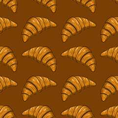 BROWN SEAMLESS VECTOR BACKGROUND WITH FRESH DELICIOUS CROISSANTS