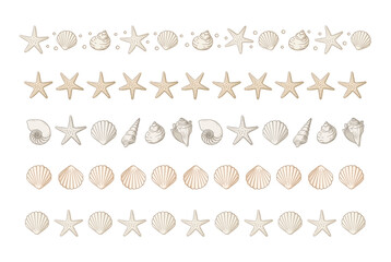 Fototapeta premium Seashells border divider set. Sea and ocean design template. Vector illustration summer or beach party, advertising design