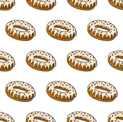 WHITE SEAMLESS VECTOR BACKGROUND WITH DELICIOUS DONUTS WITH WHITE FUDGE