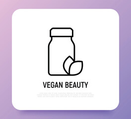 Vegan beauty thin line icon: bottle with leaf. Herbal supplement. Modern vector illustration for organic shop.