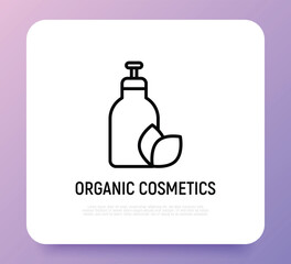 Organic cosmetics thin line icon: glass bottle with dispenser and leaf sign. Natural skin care. Modern vector illustration for beauty shop.