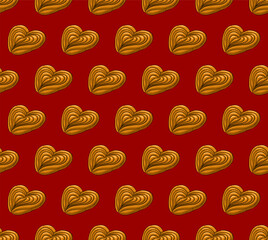 RED SEAMLESS VECTOR BACKGROUND WITH DELICIOUS BUNS IN THE FORM OF A HEART