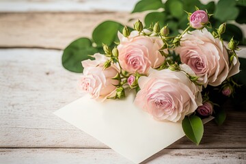 blank paper card with pink rose bouquet, idea for love theme concept background, Generative Ai