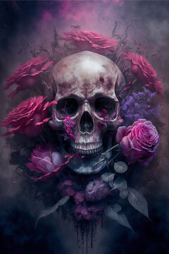 skull bouquet of dead magenta roses mirrored