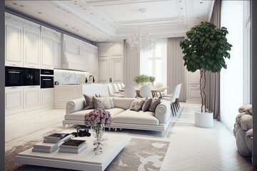 Plakat white modern living room with sofa , ai generated