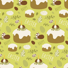 Easter bun pattern with icing and decoration, citrus fruits, eggs, candles, hares and decor. Pastel palette. Easter vector pattern. Colorful Easter eggs and buns. Gift wrapping for Easter