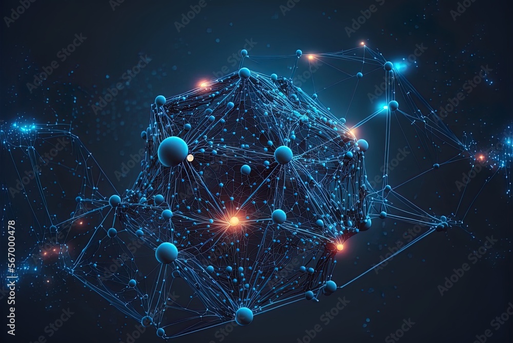 Poster synchronized dots and lines form a future network structure on a blue abstract space backdrop. gener