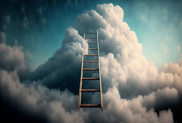Ladder reaching into a cloud. Business development. Generative ai - obrazy, fototapety, plakaty