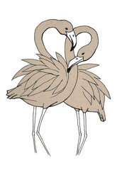Obraz premium Cartoon flamingos with fluffy feathers in a gentle embrace. A traditional stylized pattern for a cozy fashionable Valentine's Day decor. Isolated image of cute birds as a symbol of love and tenderness