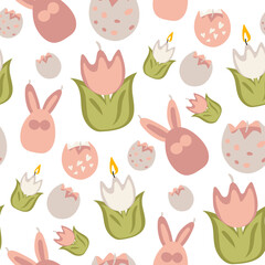 Obraz na płótnie Canvas A pattern of Easter candles in the form of colored tulips, hares, eggshells in pink flowers. Wax candles with a wick on a white background. Easter candles. Print on paper and textiles. Gift packaging