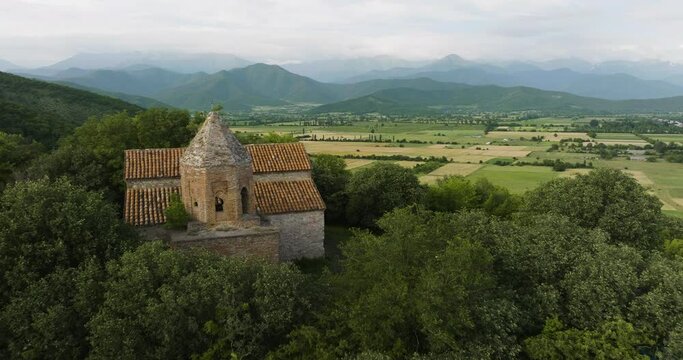 Aerial of John the Baptist Church of Zemo Alvani, Revealing Vast Landscape, Georgia