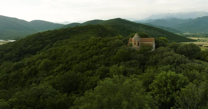 Flying Over Vast Forest Towards John the Baptist Church of Zemo Alvani, Georgia, Aerial