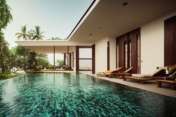 Fototapeta premium Luxury with tropical Jungle villa resort luxurious swimming pool. Generative AI illustration