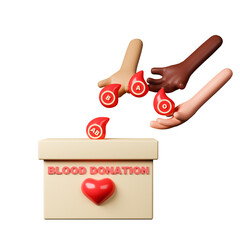 3d rendering concept blood donation illustration. People donate different blood groups to donation box.
