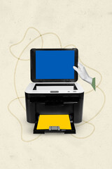 Composite collage picture image of printer scanner fax machine ukrainian flag yellow blue colors...