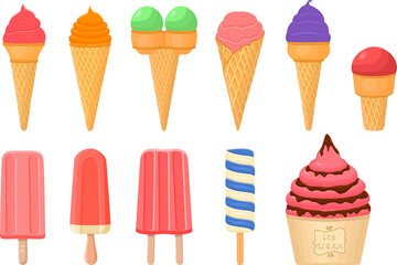 big kit ice cream popsicle different types in cone waffle cup